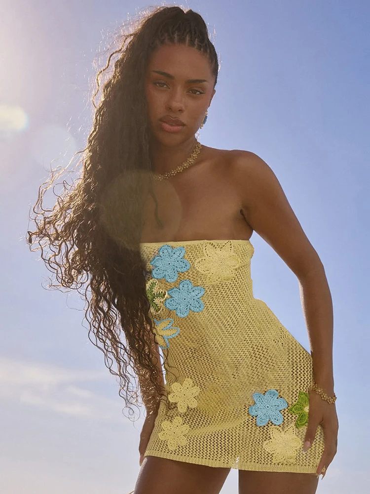 Cutenew Crochet Appliques Women Mini Dress Summer Hot Sweet Incline Shoulder Sleeveless Slim Frock Female Festival Party Vestido