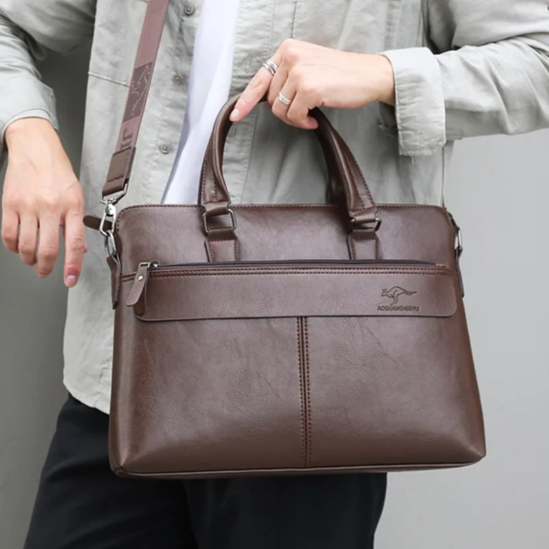 Luxury Vintage Men's Briefcase Horizontal Zipper Handbag Business Shoulder  Messenger Bag PU Leather Man Laptop Tote Bag