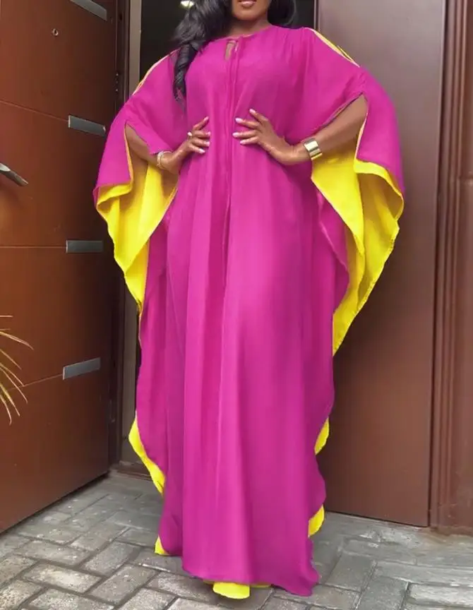 

2025 Fashionable Color Blocking Patchwork Bat Sleeve Lace Up Collar Dress for Autumn Women, Elegant and Casual Loose Dress