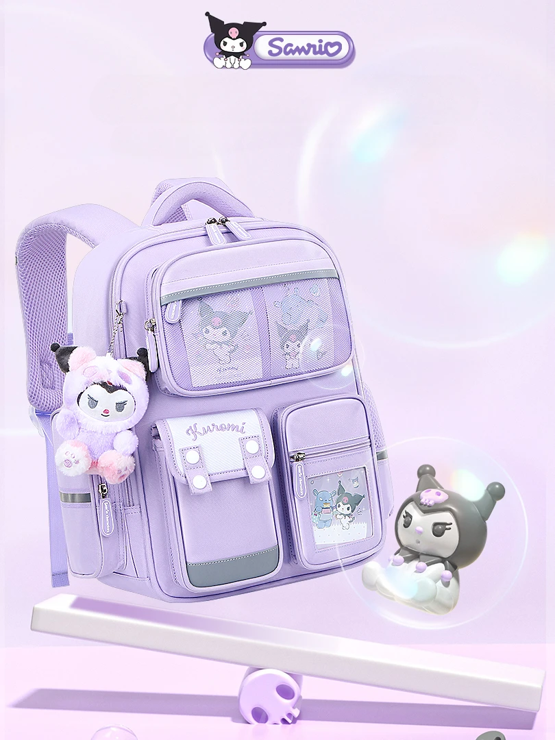 Sanrio Schoolbag Primary School Girls Kuromi Children Burden Reduction Nylon Waterproof Backpack kawaii school backpack