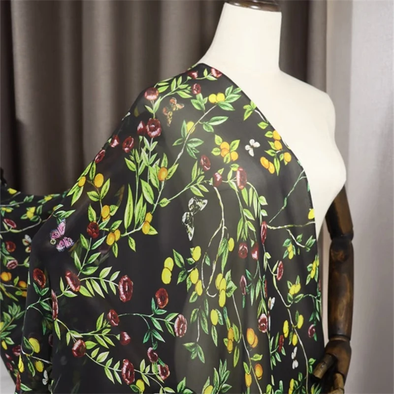 Thin Transparent Yellow Red Branch Georgette Silk Chiffon Dress Shirt 100% Mulberry Silk Fabric High Quality DIY Sewing Material