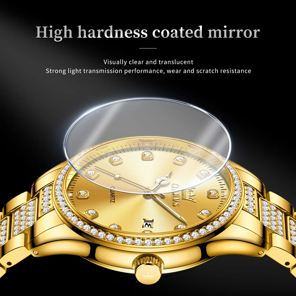 OLEVS Original Men\'s Watches Gold Waterproof Luminous Quartz Watch for Man Diamond inlay Calendar Wristwatch Butterfly Buckle