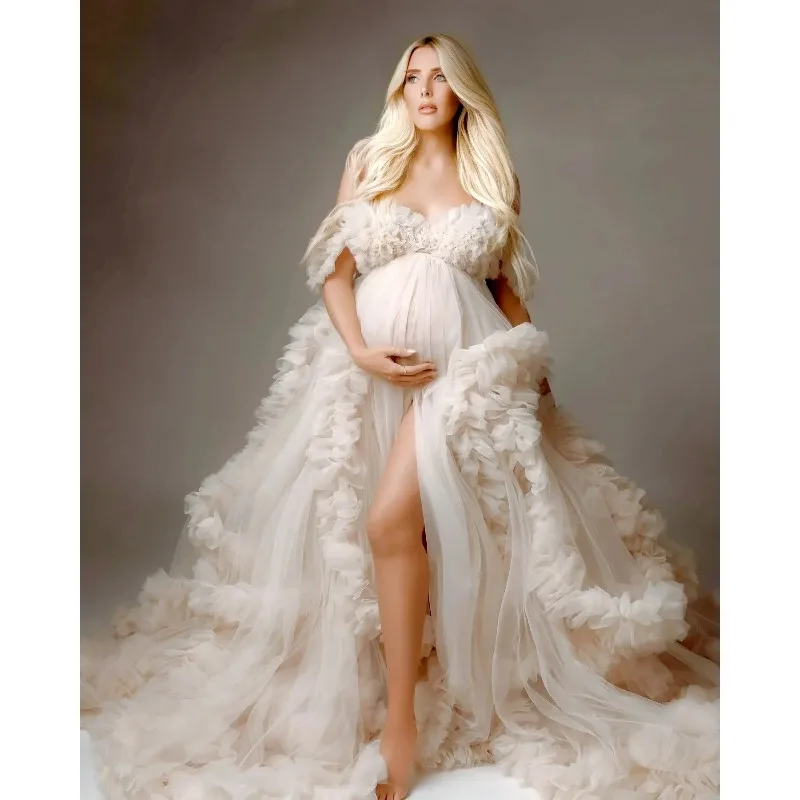 Maternity Photoshoot Dress - Luxury Tulle Baby Shower Gown with Layered Ruffles, Sleeveless Elegant Pregnancy Dress for Women
