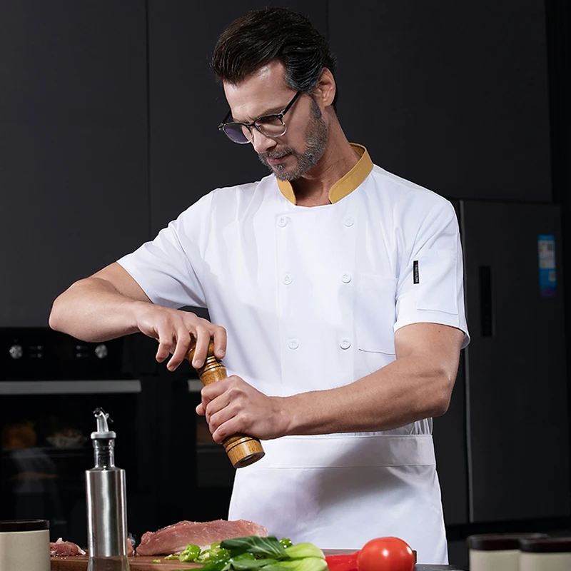 

NEW Chef Jacket Apron Man Shirts Short Sleeve Chef Coat Cooking Uniform Restaurant Bakery Hotel Costume Kitchen Clothes