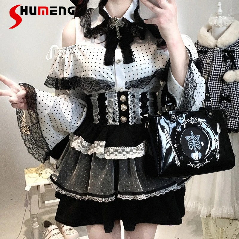 

Polka Dot Long-Sleeves Off-Shoulder Princess Sleeves Lace Shirt 2025 Autumn New Japanese Lolita Mini Series Style SC Cute Blouse