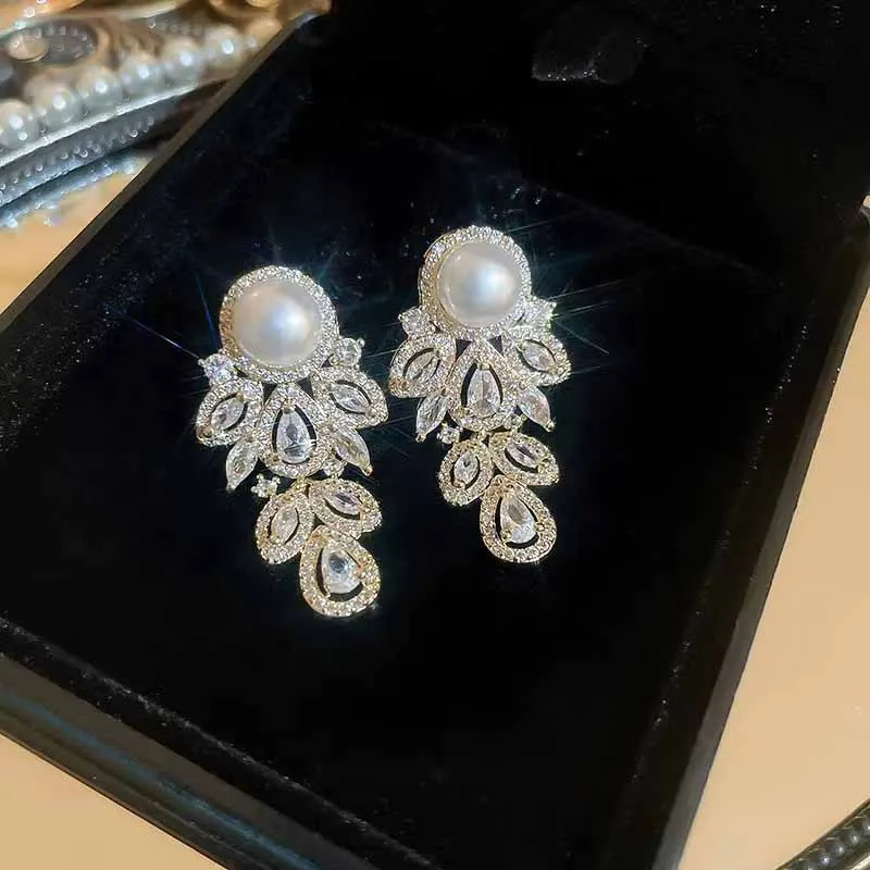 

Exquisite silver 925 full diamonds elegant fashion pearl earrings for women trendy luxury and tassel earring wedding jewelry
