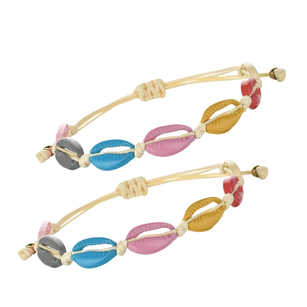 

2pcs Shell Charm Bracelet Women Hand Knitted Bohemia Rope Bangle Adjustable Seashell Woven Jewelry Teen Girls Summer Holiday