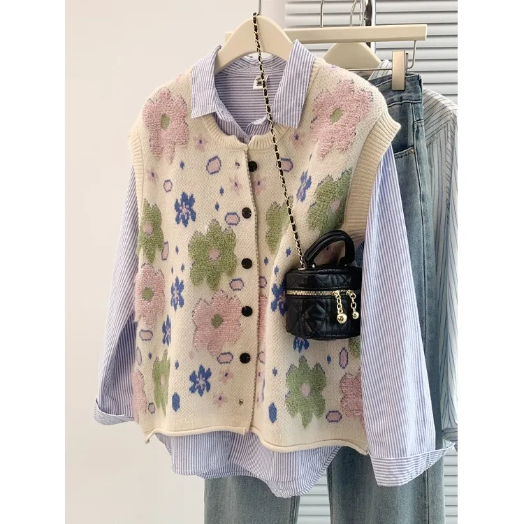 

Loose round Ne Knitted Sweater Vest Women's Autumn Winter Anti-Aging Casual Versatile Floral Embroidery Outerwear Top