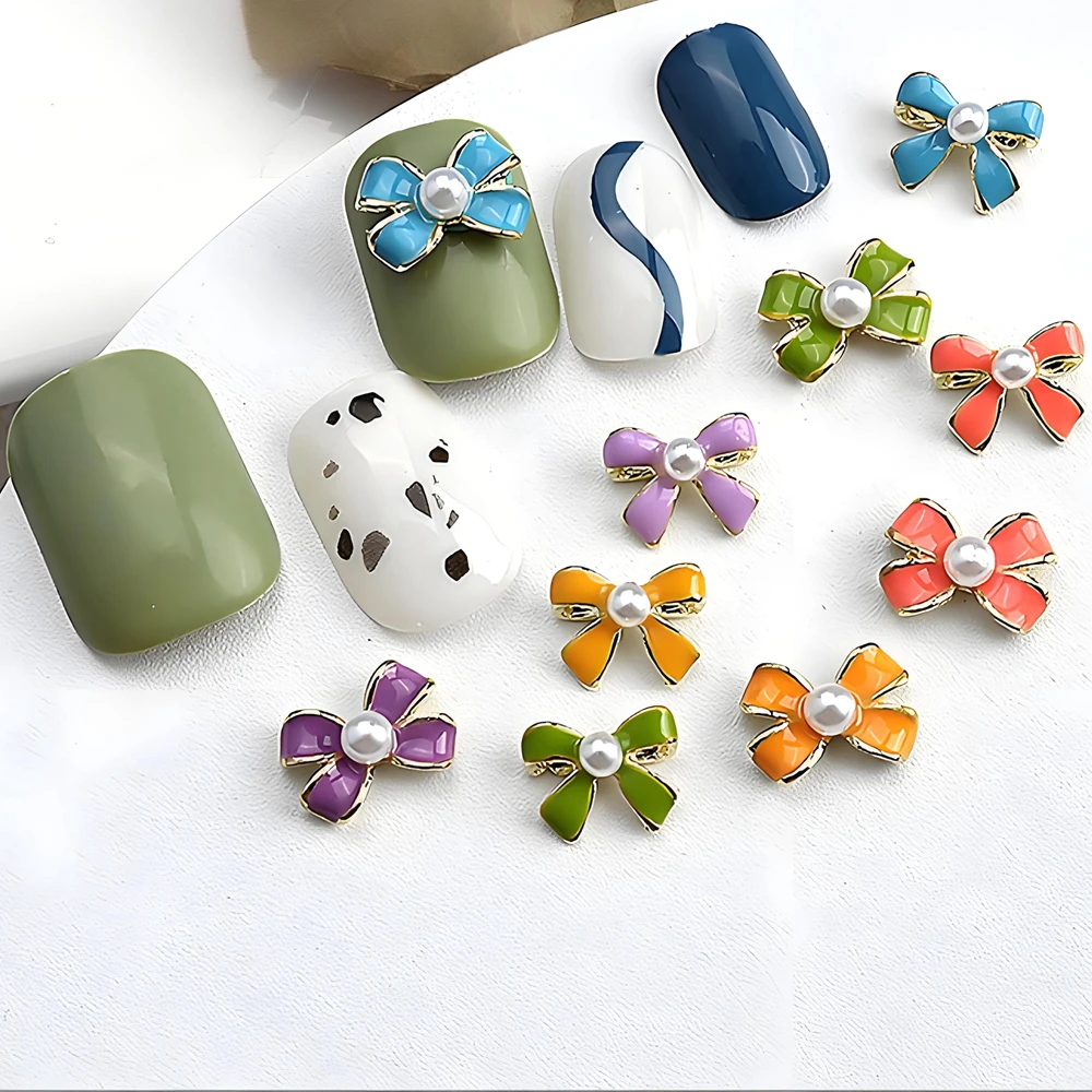 

10PCS 3D Luxury Alloy Bow Tie Nail Art Charms Parts Pearl Accessories For Manicure Decor Nails Decoration Supplies Material Tool
