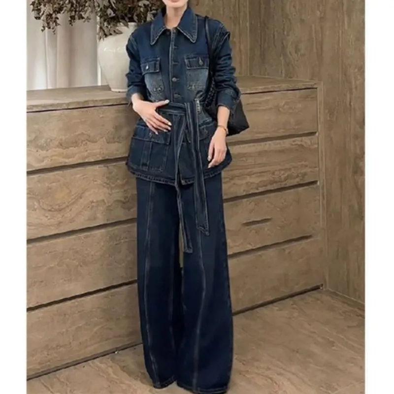 

Retro large size denim tooling set women's autumn design sense multi-pocket jacket loose wide-leg pants two-piece set