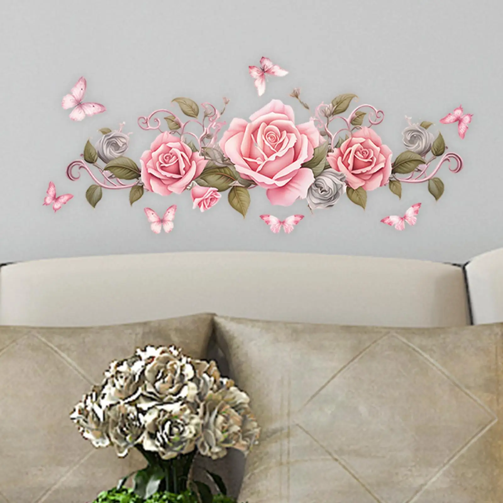 Pink Flowers Roses Wall Sticker Decals 33.5x11.4inch Self Sticky Decorative for Mirrors Window Reusable Accessories Versatile