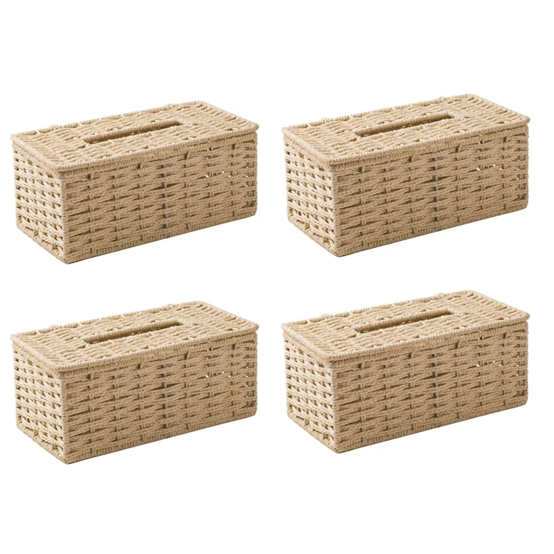 

4X Rattan Tissue Box, Vintage Napkin Holder, Case Clutter Storage Container Cover, Living Room Desk Decoration (Beige)