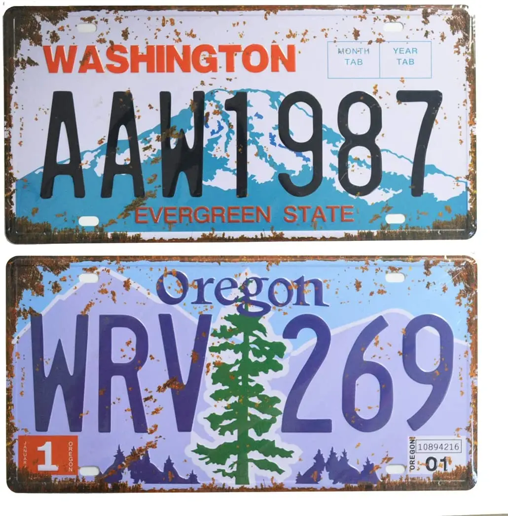 

2 Pieces Prop Metal Signs, Number Tags Replica, Wall Home DIY Man Cave Garage Decor, 6x12 Inch (Washington & Oregon)