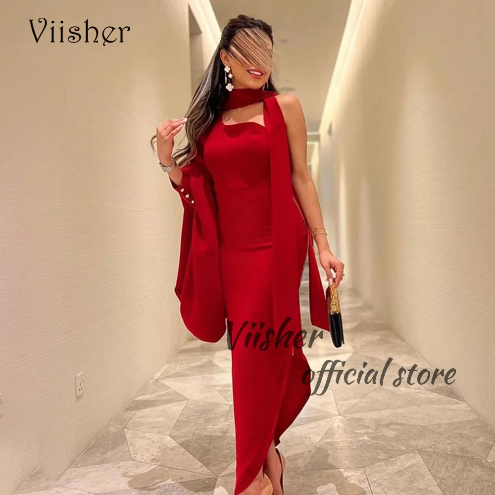 

Viisher Red Mermaid Evening Dresses One Shoulder Mono Satin Long Prom Party Dress with Slit Arabic Dubai Formal Evening Gowns