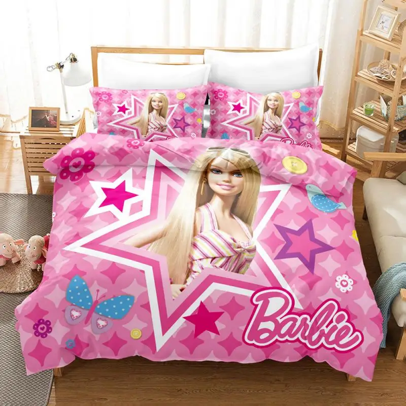 

MINISO kawaii student dormitory three piece set Barbie cartoon cute girl sheet quilt cover Pillowcase Fashion bedding new style