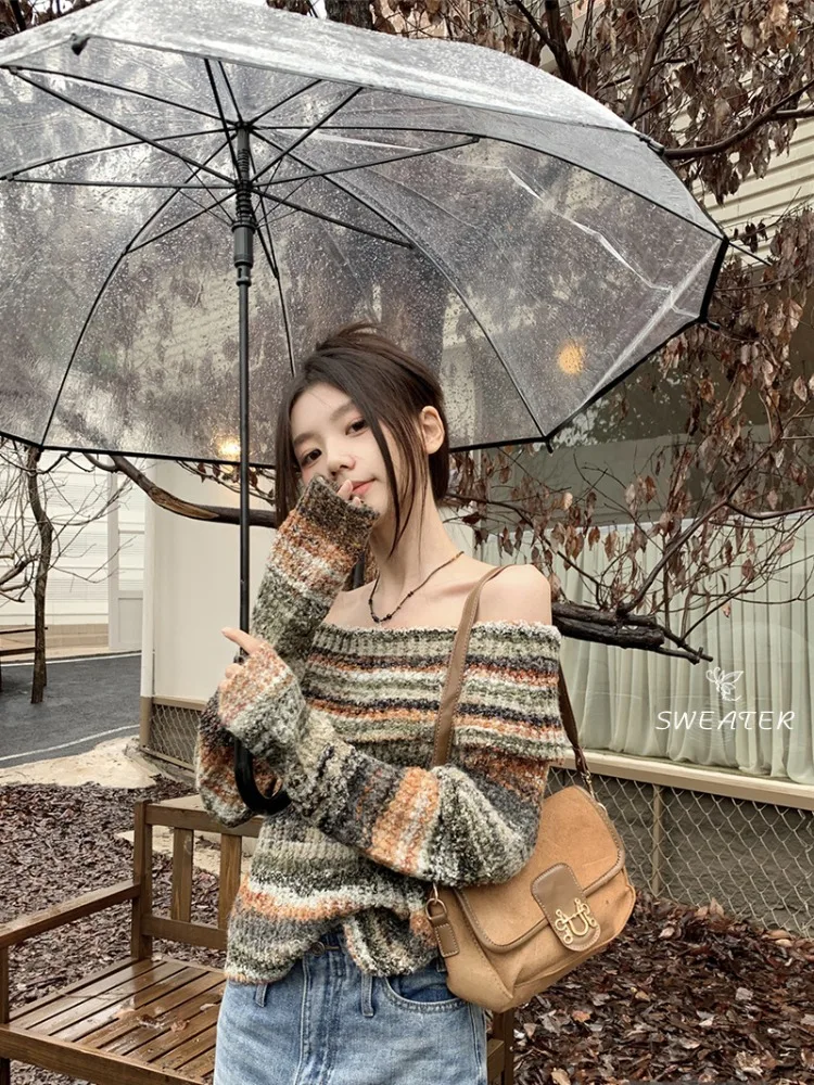 Vintage Autumn Casual Contrast Color Striped Women Sweaters Turn Slash Neck Long Sleeve Pullovers Sweet Fashion Jumpers