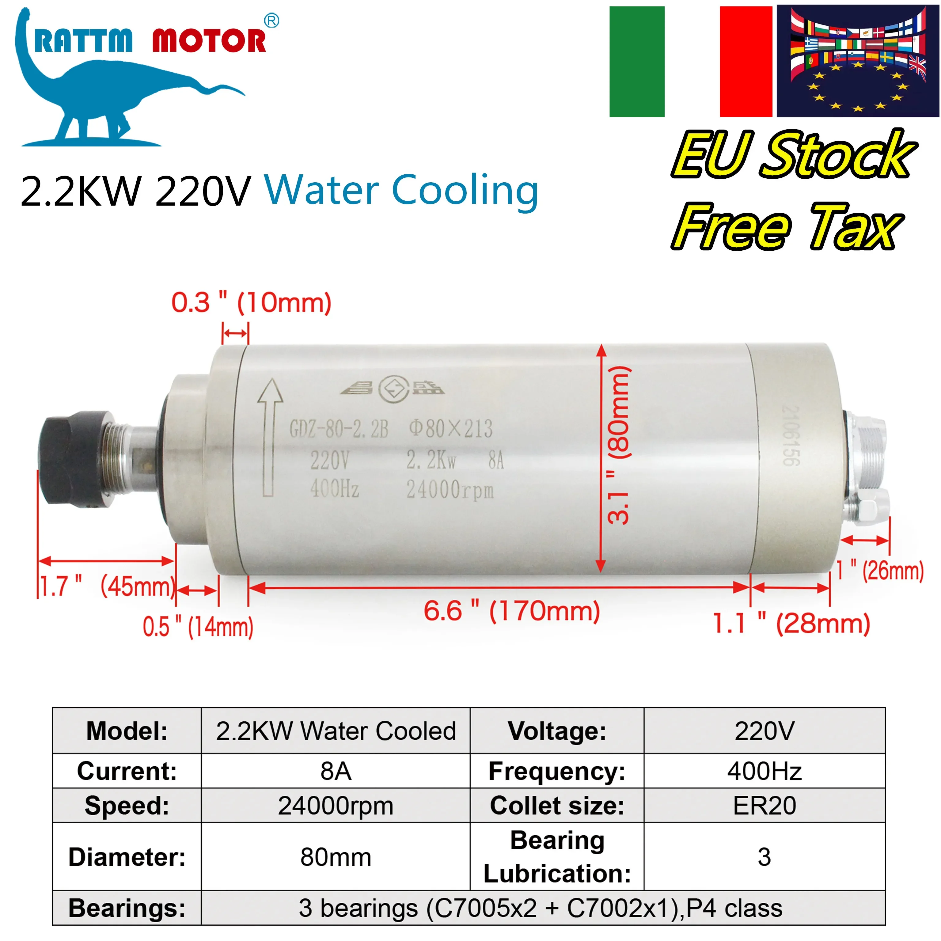 CNC Mill Water Cooled Spindle Motor 2.2KW High Speed ER20 Collet for CNC Engraving Milling Machine Frequency Converter