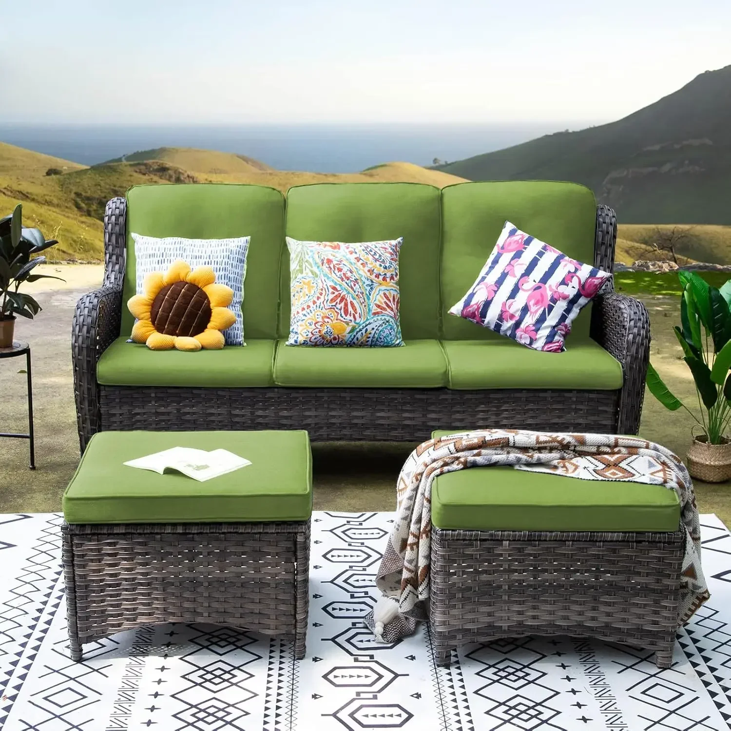 

3-Piece Wicker Outdoor Furniture Conversational Sets with 3-Seat Sofa, 2 Ottoman Patio Rattan Wicker Sectional Sofa
