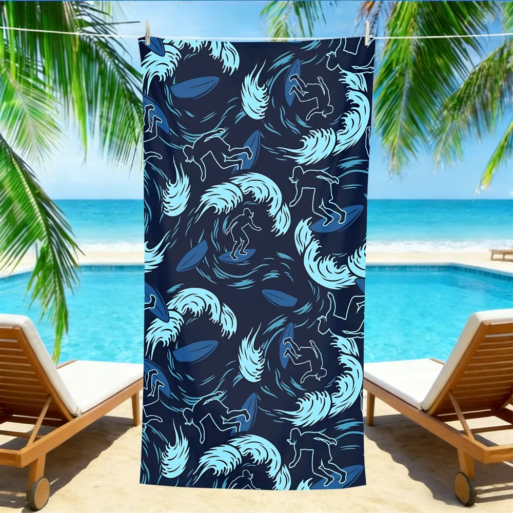 Retro Surfing Wave Beach Towel – Oversized Quick Dry Sand Free with Navy Blue Surfer Print for Surf Enthusiasts