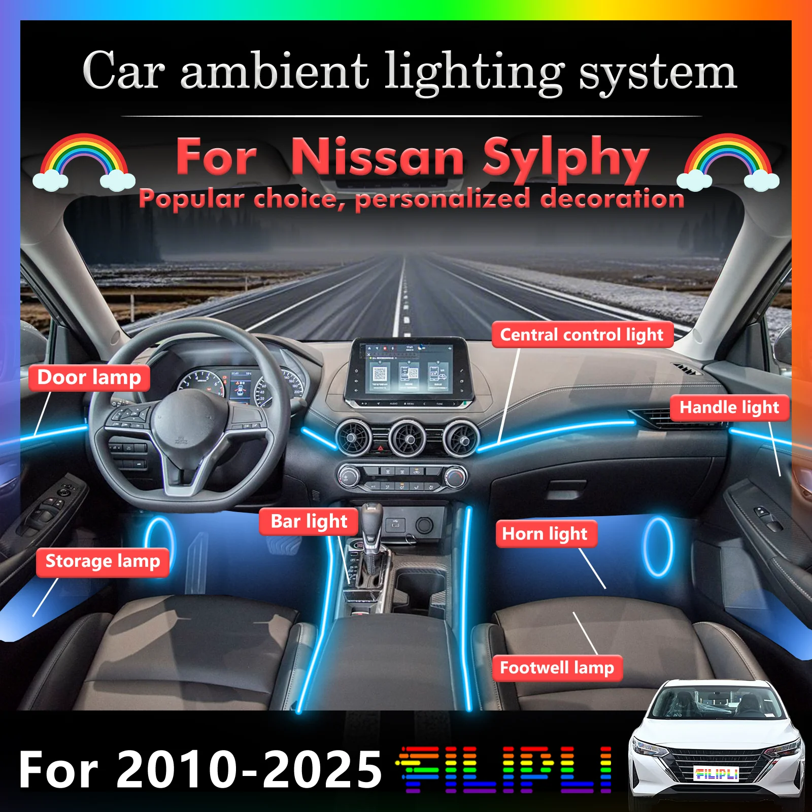 لنيسان متفوقة الشبح تصميم الاكريليك قطاع سيارة الداخلية المحيطة شرائط الإضاءة RGB سيمفونية APP التحكم