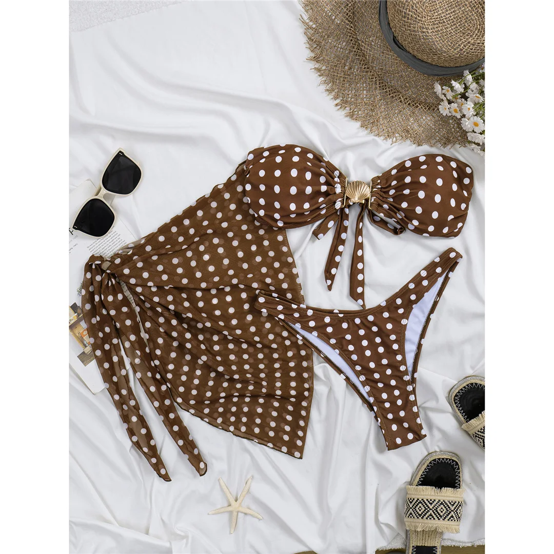 3-teiliges Set mit Sarong, Polka-Dot-Bandeau-Bikini, Damen-Badeanzug, dreiteiliger Bikini, Badebekleidung, Badeanzug, Schwimmbekleidung V8189 – Detail 4