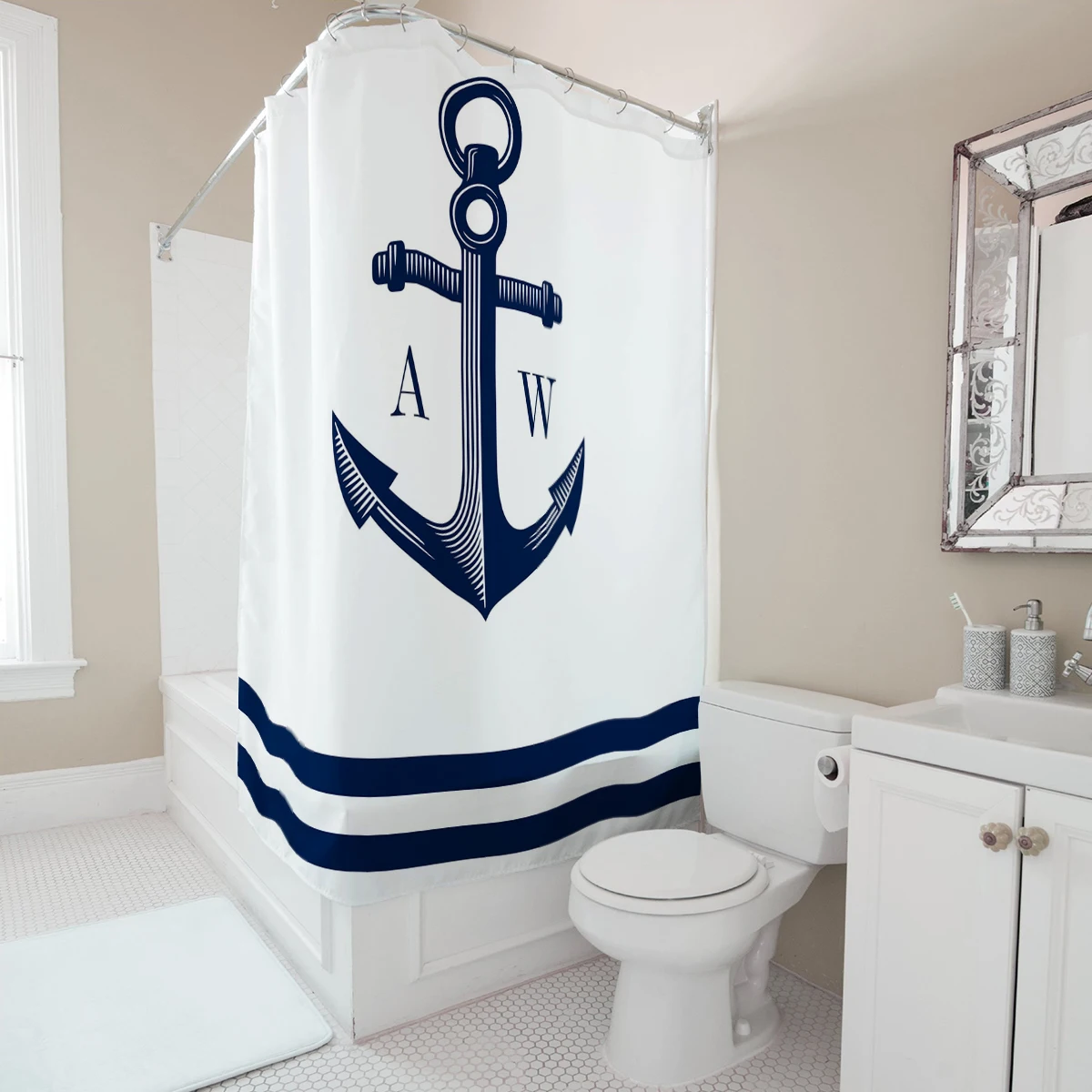 Personalized Nautical Shower Curtain Custom Name Waterproof Fabric Anchor Print Bathroom Decor Beach House Maritime Theme