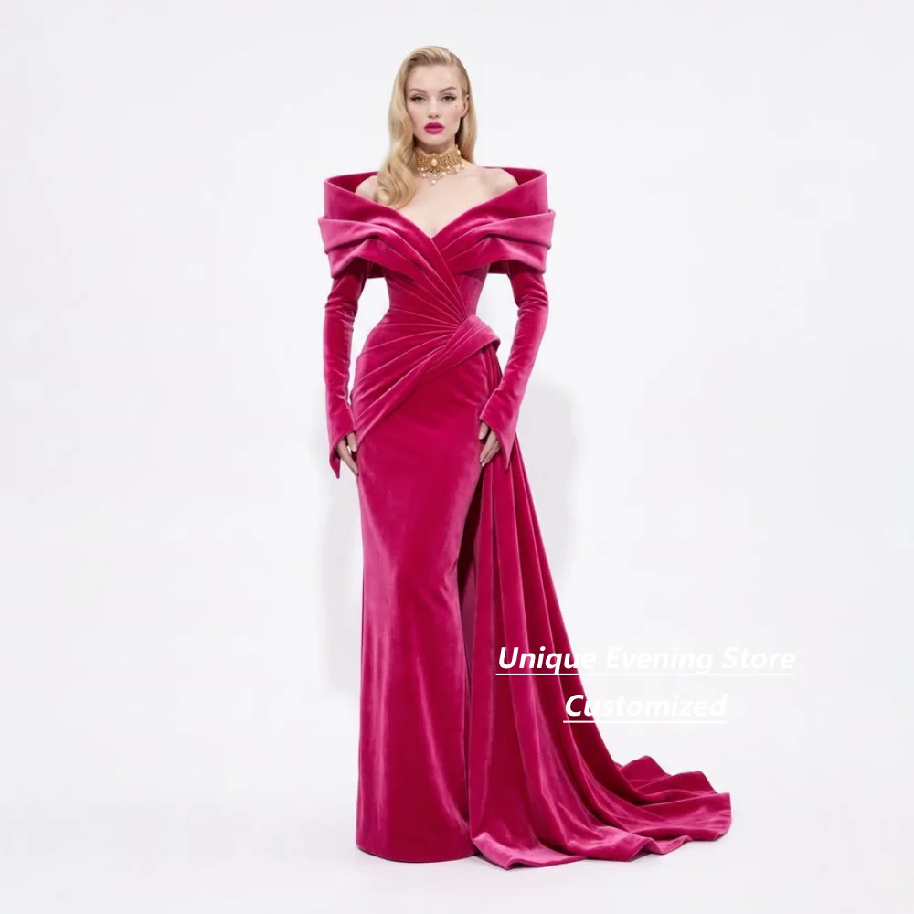 Customized Fuchsia Velvet Off‑Shoulder Long Sleeve Twist Waist Side Panel Evening Dresses Prom Wedding Guest Party Plus Size