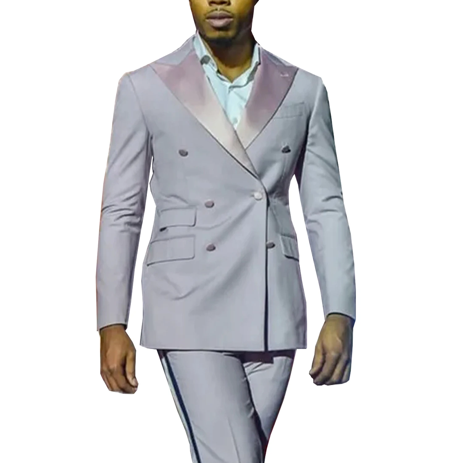 Picture 4: Gwenhwyfar New Light Pink Men's Suits Tailored 2 Pieces Blazer Pants One Button Satin Peak Lapel Wedding Formal Work Wear Custom