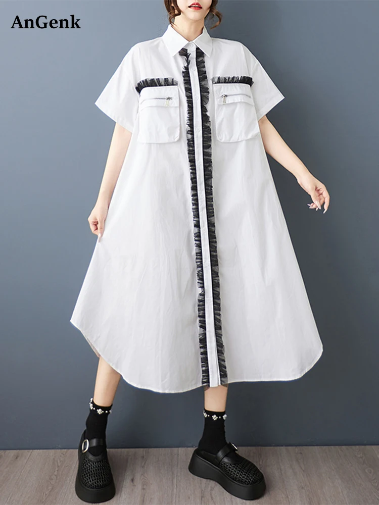 ホワイトビンテージオーバーサイズシャツワンピース レディース 夏新作 半袖 ルーズ カジュアル ロングワンピース ファッション エレガント 服 2025