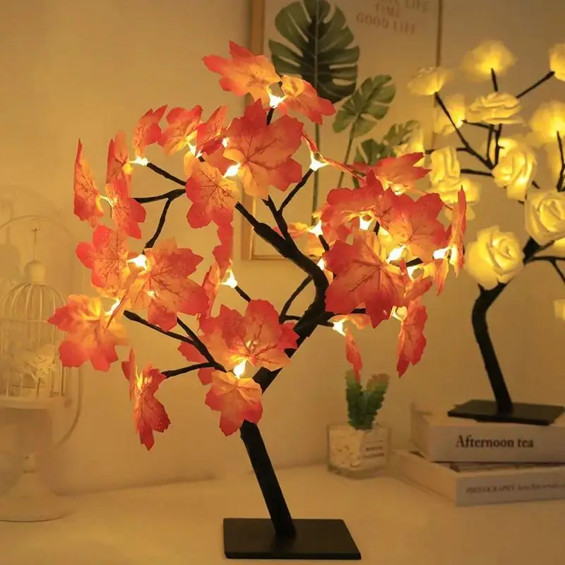 24 LED Maple Leaf Fairy Light Flower Tree Table Lamp Rose Night Light USB Operated Gifts for Wedding Party Hallowmas Decoration