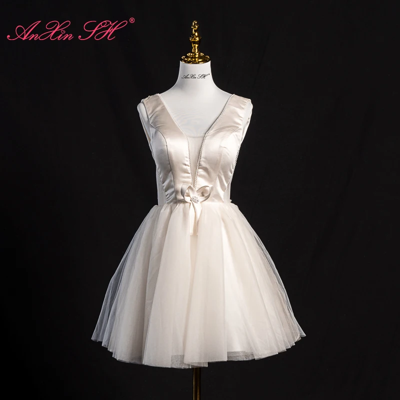 

AnXin SH princess champagne satin v neck lace beading pearls big bow party customized evening dress Little white dress