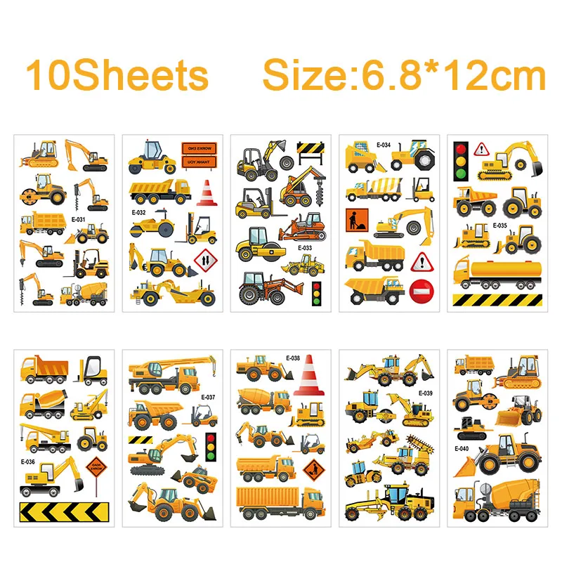 10sheets Construction Temporary Tattoos Cartoon Excavator Vehicle Dump Truck Robbot Space Waterproof Tattoos Sticker for Kids