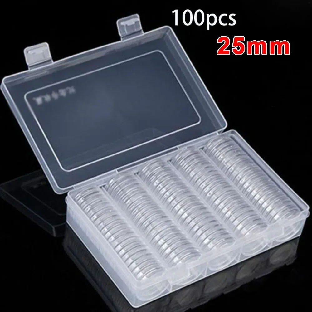 100pcs 25mmTransparent Round Coin Capsule Container Storage Box Holder Portable Case Coin Collection Holder Home Supplies