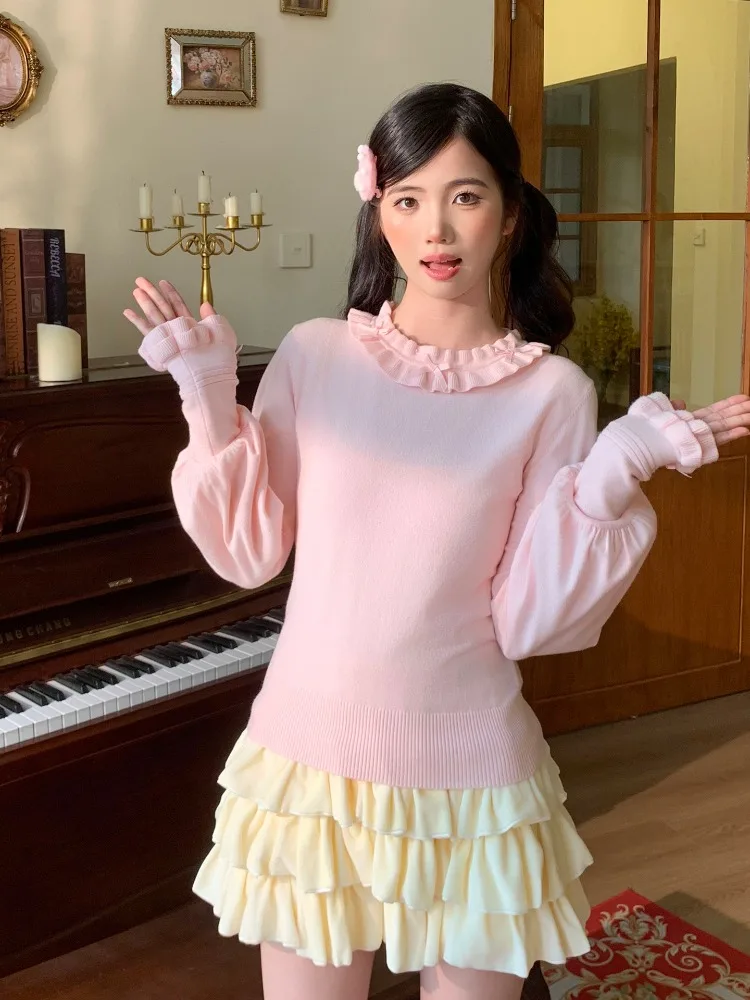 

Lolita Knitted Bottoming Sweaters Sweet Bow Fungus O-neck Pullovers Mujer 2025 Spring Autumn New Long Sleeve Tops Women