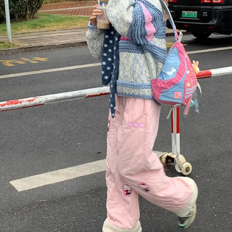 

Y2K аниме брюки Hello Kitty Kawaii широкие брюки свободные для женщин трендовые студенческие повседневные брюки большого размера с вышивкой