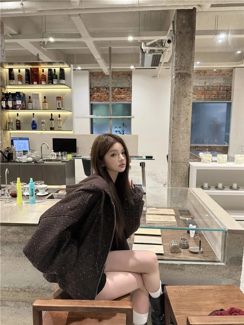 Retro Veelzijdige Lange Sve Capuchon Jaet Dames Herfst 2025, Nieuwe Ele Losse Afslanken Open Vest Rits Top Trendy