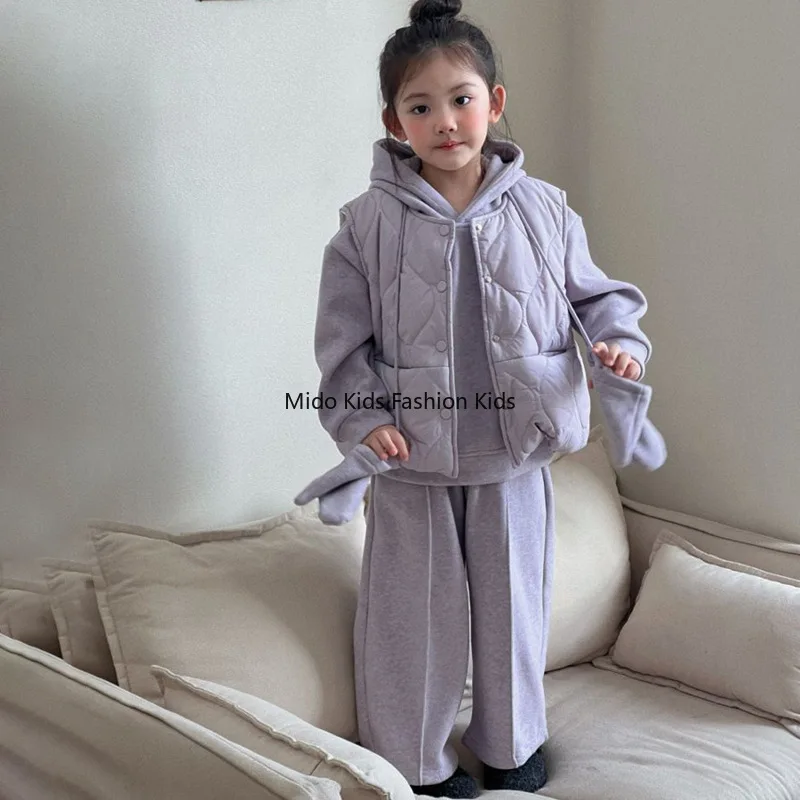 Girls' Winter Arrival Set Korean Style Fleece-Lined Thickened New Sweatshirt Children's Small-Medium Size Vest Four-Piece Set