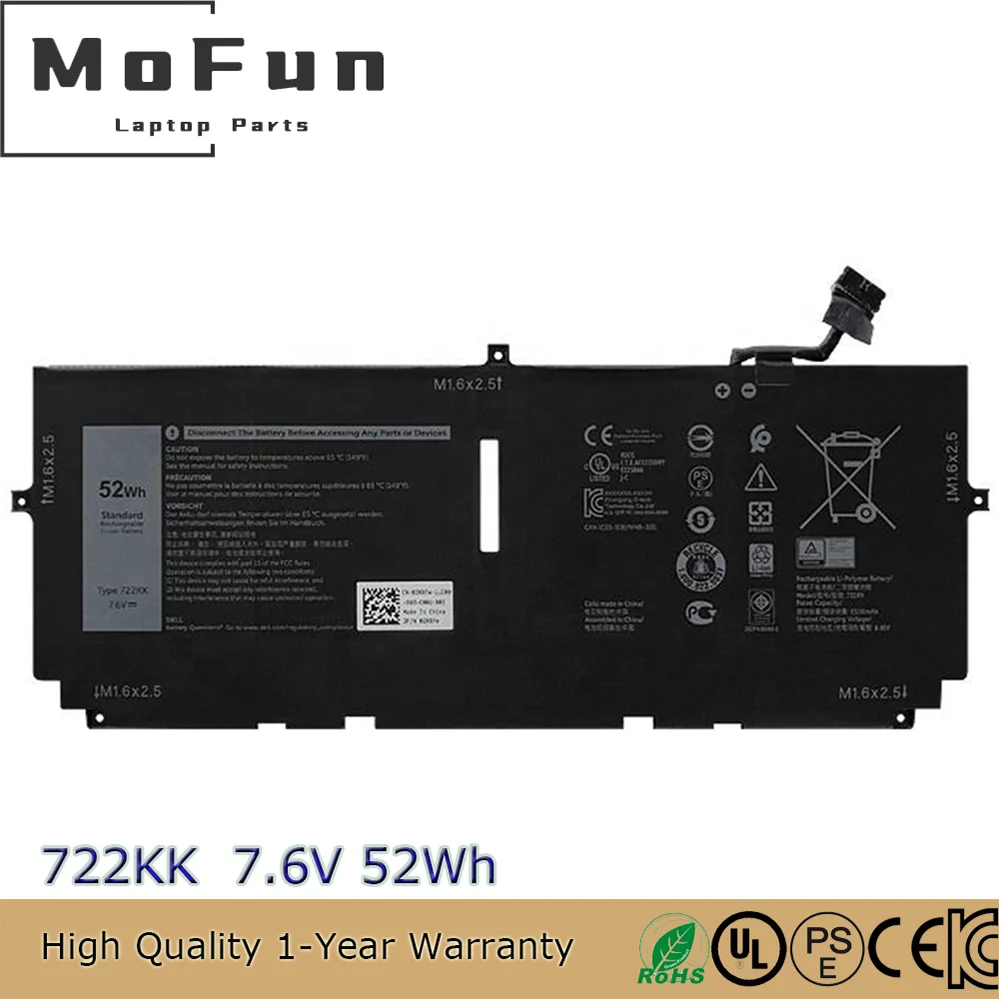 New Genuine 722KK 7.6V 52Wh Battery for Dell XPS 13 9300 9310 9380 P117G002 2XXFW FP86V