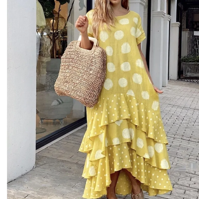 Elegant Ruffle Patchwork Irregular Dress 2024 Summer Short Sleeve Round Neck Polka Dot Long Dress Women's Clothing Vestido Mujer