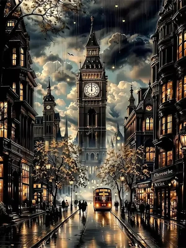 

DIY London Big Ben Night Jigsaw Puzzle, Vintage Cityscape with Red Bus and Rainy Streets,Home Leisure Entertainment