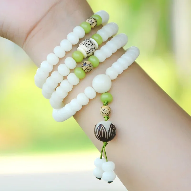 White Jade Bodhi Root Handstring Female 108 Natural Seed Buddha Beads Bracelet Lotus Couple Necklace