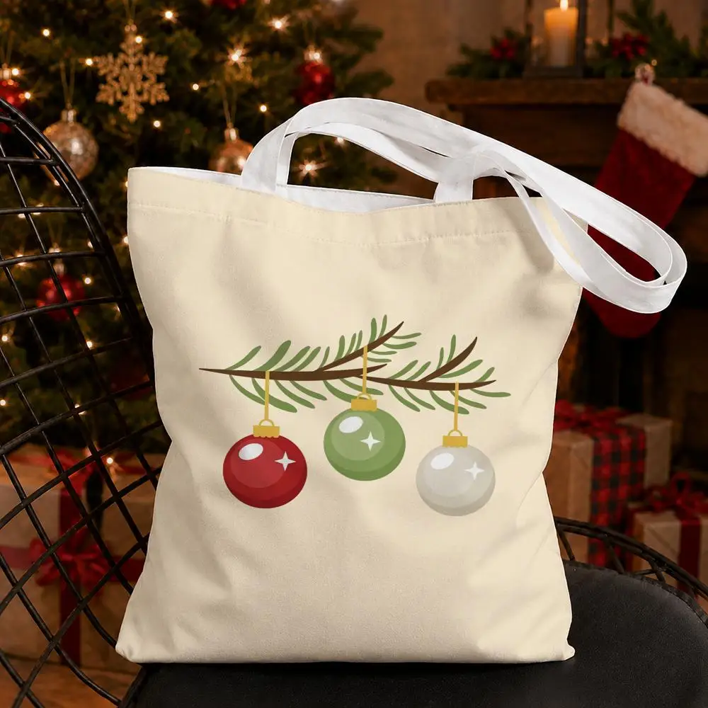 Christmas Hat and Balls Storage Bags Canvas Tote Bag Double-Sided Print Durable Shoulder Handbag for Festival Party Gift