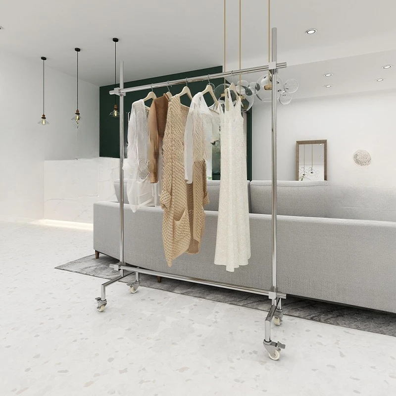 Clothing display rack stainless steel floor with wheels hanger adjustable