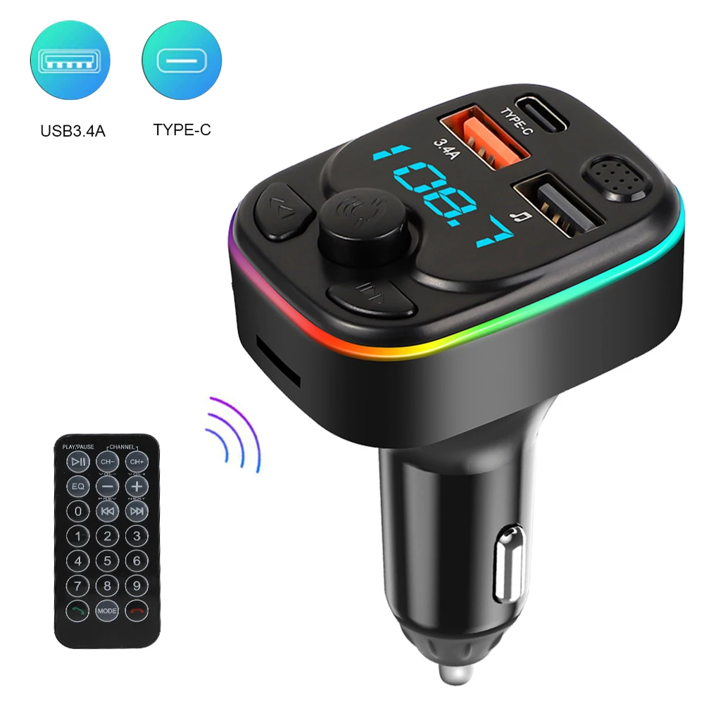 Trasmettitore FM Bluetooth 5.0 per auto Type-C Dual USB 3.4A caricabatterie rapido LED retroilluminato atmosfera luce lettore MP3 musica Lossless