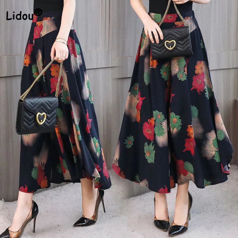 

Spring Summer Women's Clothing High Waist Drape Cotton Silk Skirt Pants Vintage Printing Loose Nine Points Wide Leg Trousers