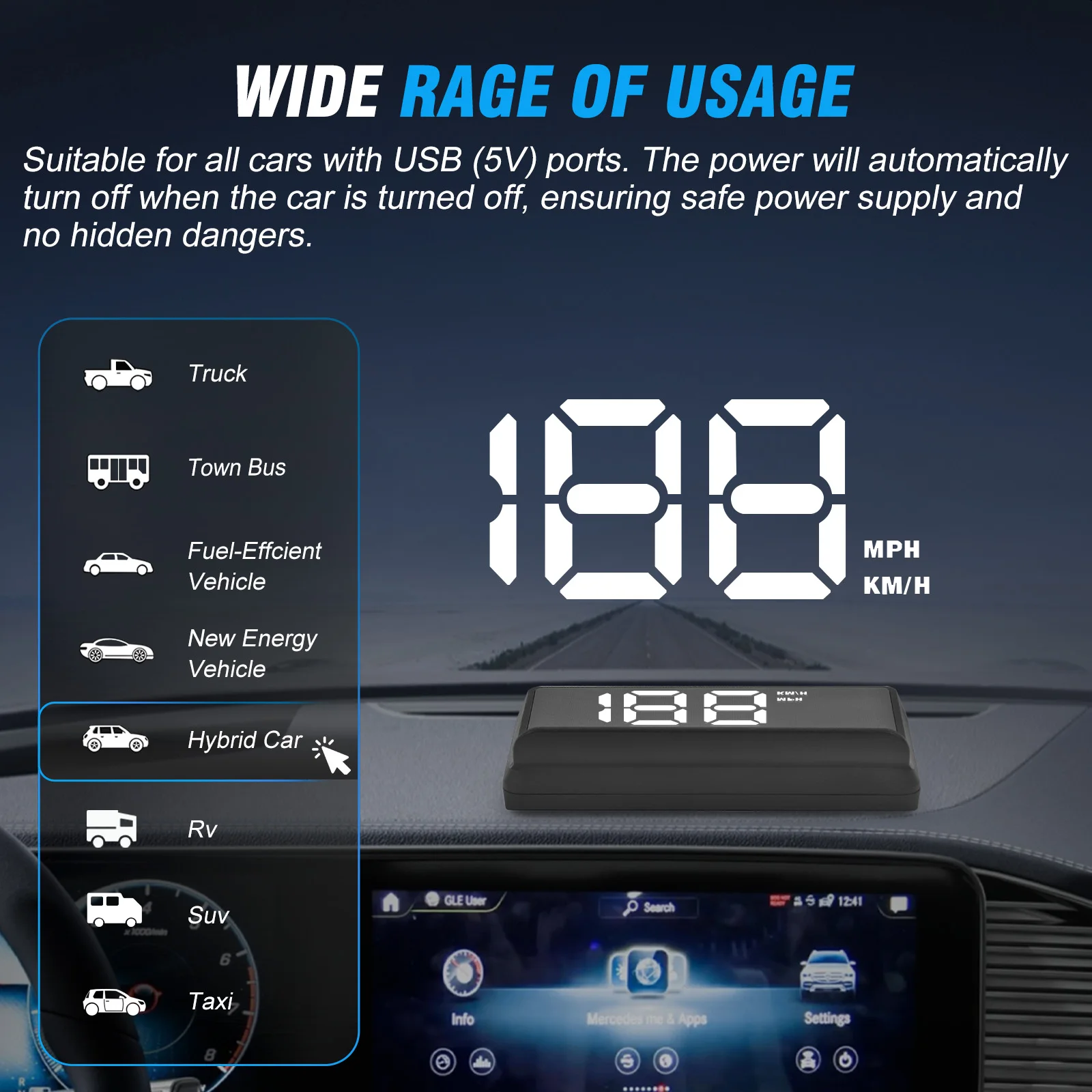 W2 White Reflective HUD Digital Speedometer For Cars Triple Over-Speed Alarm Auto Light Sensor KM/H MPH Switchable Voltage 5V