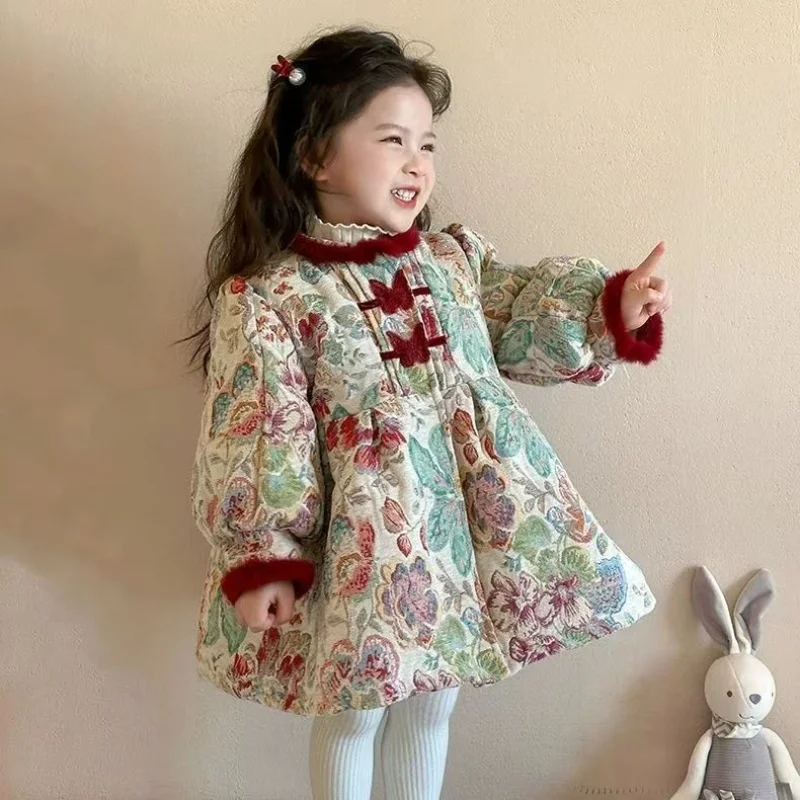 

Girls' Hanfu Cotton Skirt 2025 New Winter Clothing Thickened Warm Christmas Dress Children's New Princess Skirt