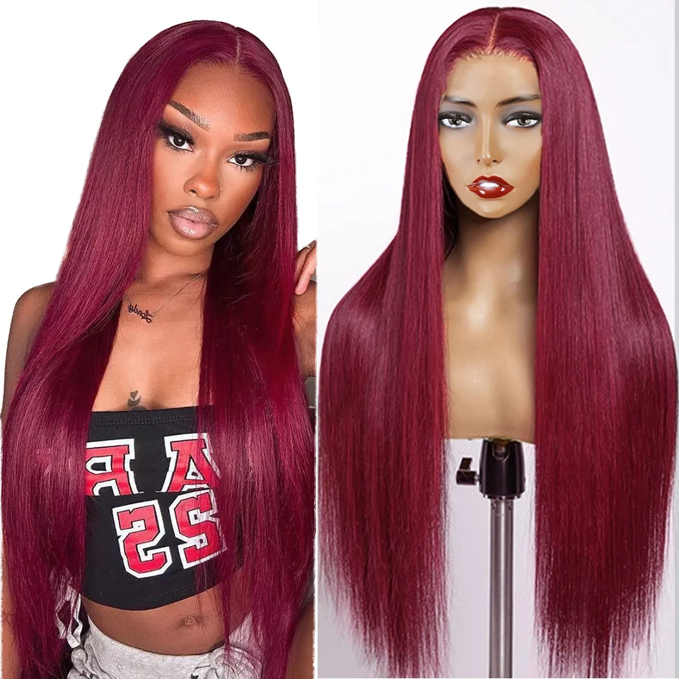 99j Burgundy Straight Lace Front Wigs Human Hair Red Colored 180% Density 13X4 HD Lace Front Human Hair Wigs 30inch