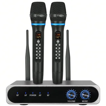 UHF Rechargeable Wireless Dual Cordless Microphone System with Volume Treble Bass Echo Control for Smart TV Karaoke DJ Church
