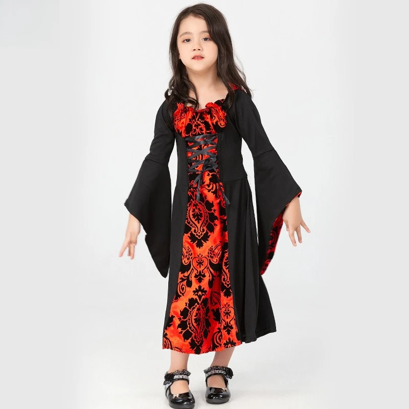 أزياء القرون الوسطى أزياء الهالوين للفتيات أزياء الساحرة مصاص الدماء التأثيرية أزياء مسرح الدراما لأداء الوالدين والطفل